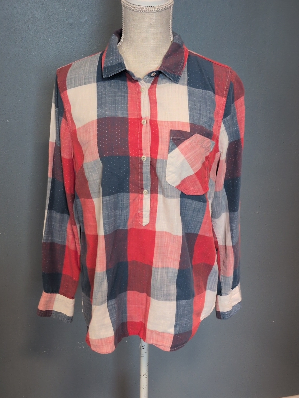 Merona Red White Blue Vet Patriotic Plaid Quarter Button Down 100% Cotton Shirt